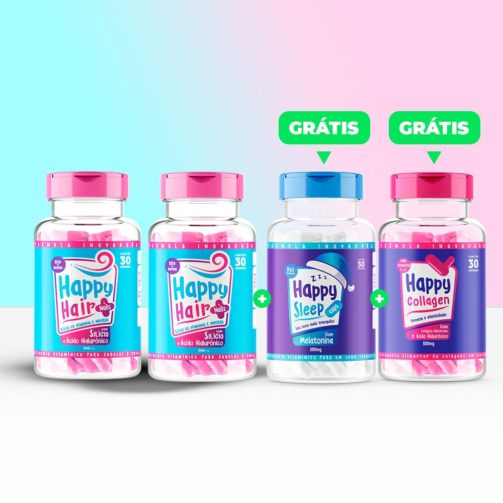 Happy Hair 2 Potes + 1 Melatonina Grátis + 1 Colágeno Grátis