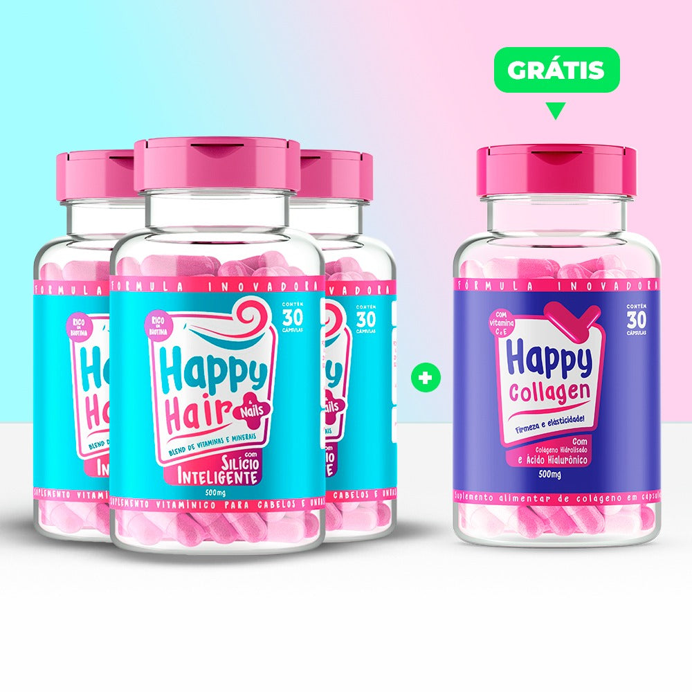 Happy Hair 3 Potes + 1 Colágeno Grátis