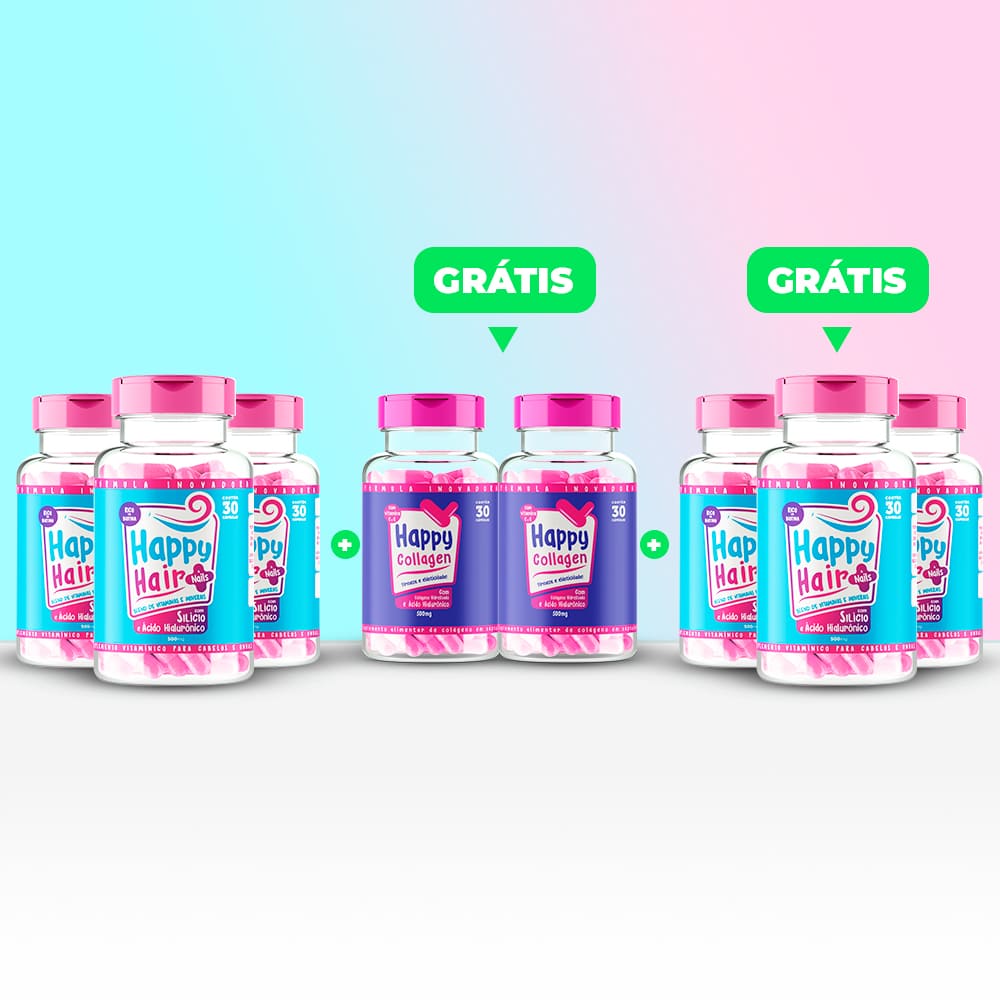 Happy Hair 3 Potes + 3 Potes Grátis + 2 Potes de Colágeno (Total 8 Potes)