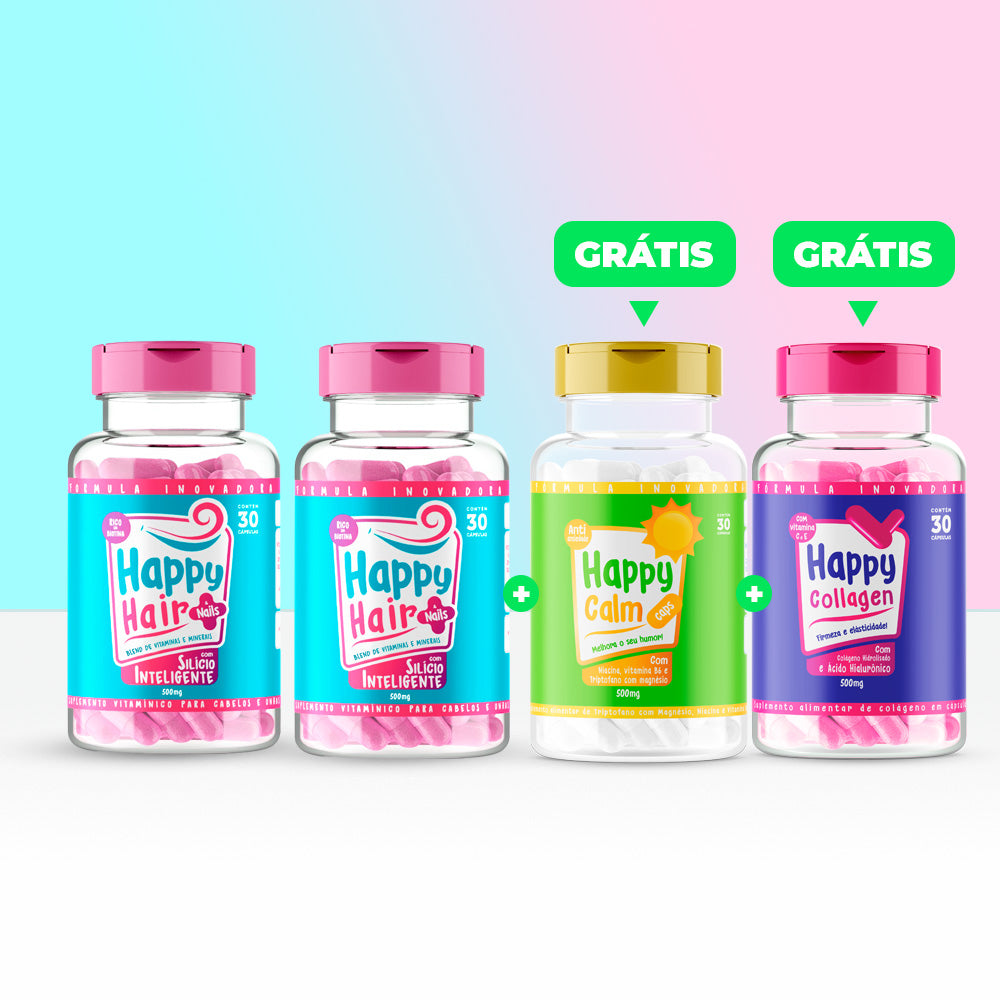 Happy Hair 2 Potes + 1 Calm Grátis + 1 Colágeno Grátis